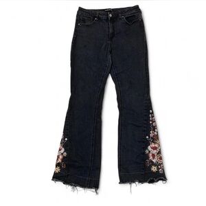 Ashley Mason Boho Floral Embroidered Flare Bootcut Black Denim Jeans Juniors 13